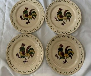 Set Of 4 Vintage Metlox Poppytrail Green Rooster 10 " Dinner Plates