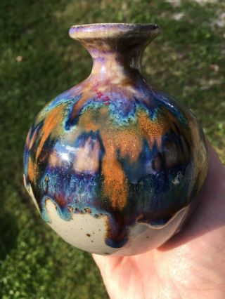 Signed " Flat Earth " Studio Art Pottery Stoneware Vase Purple Blue Drip Glaze