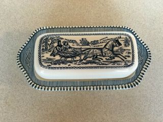 Vintage Currier And Ives Butter Dish With Cover Horse And Buggy Blue