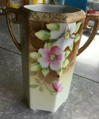 Antique Vintage Hand Painted Nippon Vase Pink And White Flowers Gold Beading 6 "