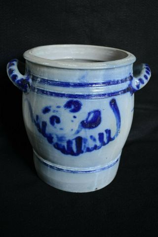 Large Antique Westerwald Salt Glazed Jar/crock With Lug Handles Blue And Gray