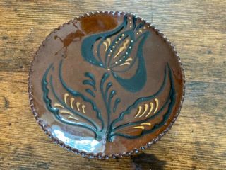 Vintage Ned C N Foltz Pottery Miniature Redware Sgraffito Plate Floral Tiny 4.  5 "