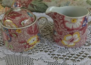 Spode Pink Chintz Florence Sugar Bowl With Lid & Creamer Made In England