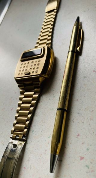 Vintage Pulsar Led Time Computer Calculator 14k Gold Filled Wrist Watch & Pen
