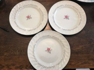 Set Of Three Royal Swirl China Pink Roses Silver Rim 10.  3/8 " Dinner Plates Japan