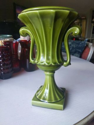 Freeman Mcfarlin Mid Century Modern Art Pottery Olive Green Pedestal Vase 10.  25 "