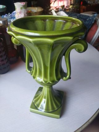 Freeman McFarlin Mid Century Modern Art Pottery Olive Green Pedestal Vase 10.  25 