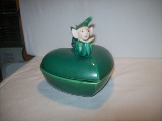 Vintage Green Ceramic Heart Dish With Elf/pixie On Lid