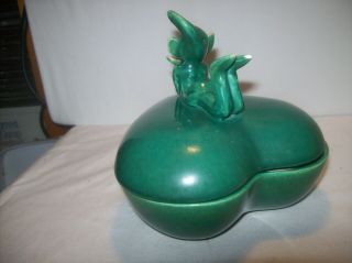 VINTAGE GREEN CERAMIC HEART DISH WITH ELF/PIXIE ON LID 2