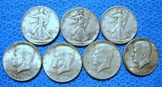 (7) Silver Half Dollars 3 Walking Libertys 4 Silver Kennedys
