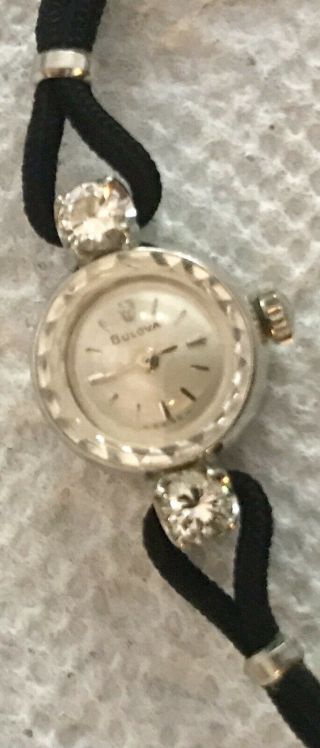 Vintage Ladies Bulova 14k White Gold Mechanical Watch W/2 Diamonds & Oem Band