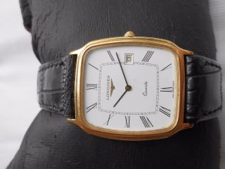Rare Slim Gold Plated Case Swiss Longines Roman Dial Mens Quartz Watch