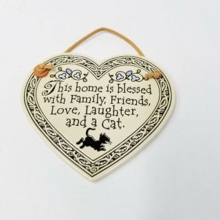 Hand Crafted Spooner Creek Pottery Ceramic Wall Hanging Sign Heart Black Cat