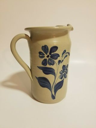 Williamsburg Pottery Country Style Pitcher/ Vase W/ Cobalt Blue Flowers Stamped