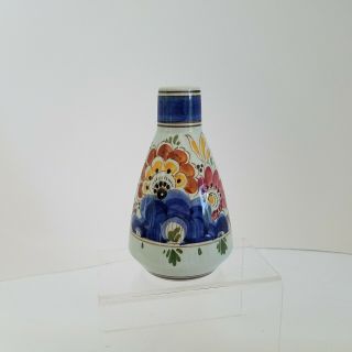 Vintage Delft Bud Vase Multi - Color Florals,  Delft Blue Signed 5.  25 "