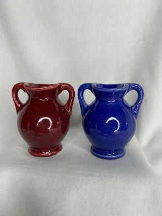 2 Shawnee Usa Pottery Burgandy & Blue Mini Miniature Dbl Handled Vase Figurines