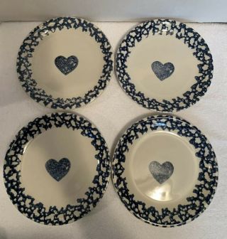 4 Vintage Folk Craft Hearts Spongeware Pottery Tienshan 7 5/8” Salad Plates 2