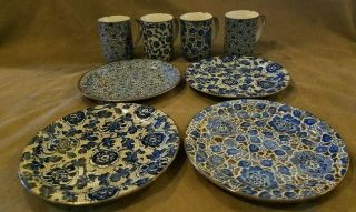 Set Of 4 Takahashi Japanese Floral Indigo Hand Decorated Plates And Mugs 1970 
