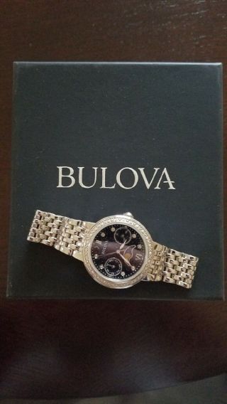 Bulova 96r210 Ladies Stainless Steel Diamond Blue Dial Moon Phase Watch