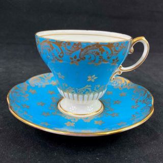 Vintage Eb Foley England Bone China Fancy Gold Filigree Turquoise Cup Saucer