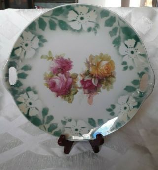 Germany Double Handled Cake Plate 9 " Floral Lustre Design With Pink Roses