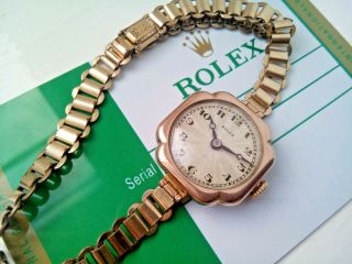 Rare Ladies 1934 Art Deco Solid 9k Gold Rolex Rolco Watch.