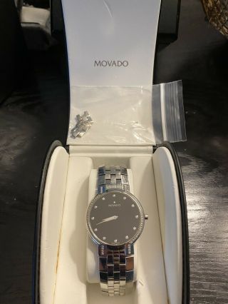 Movado 84 45 1891 S Diamond Bezel Black Dial 35mm Steel Swiss Quartz Wrist Watch