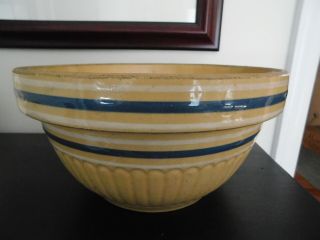 Vintage 10.  5 " Yellow Ware Bowl With Blue And White Stripes