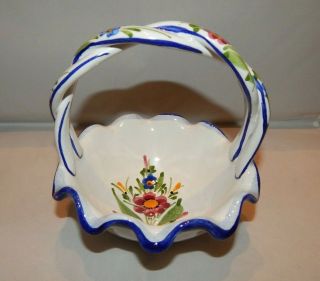 Vintage Hand Painted Ceramic Basket Portugal Signed Flowers Blue & White 
