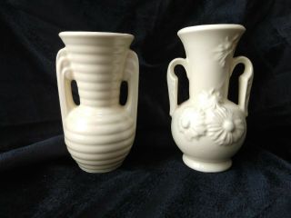 Shawnee Pottery Matte White Ivory Vases With Floral And Ribbed