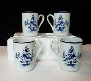 Set Of 4 Dansk Bistro Coffee Winter Mug Pine Tree Blue White 3 X 4 1/4 "