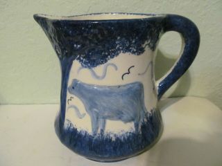 Clinchfield Artware Pottery Cow Pitcher Cash Family Handpainted Blue And White