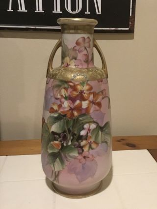 Hand Painted Nippon Floral Vase Double Handle 12”