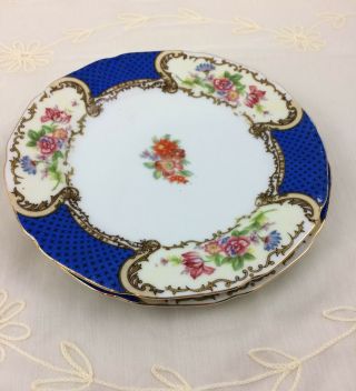 2 Vintage Gold Castle Bread & Butter Plates Blue Floral Scrolls Pattern Japan