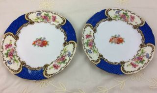 2 Vintage Gold Castle Bread & Butter Plates Blue Floral Scrolls Pattern Japan 2