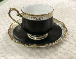 Vintage Royal Albert Bone China Teacup & Saucer,  Black Satin With Gold Trim