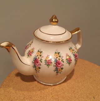 Vintage Sadler England Teapot Cream With Pink Roses Gold Trim 2