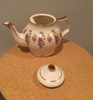 Vintage Sadler England Teapot Cream With Pink Roses Gold Trim 3