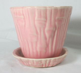 Brush Mccoy Pottery Pink Bamboo Flower Pot With Attached Saucer 325 Usa