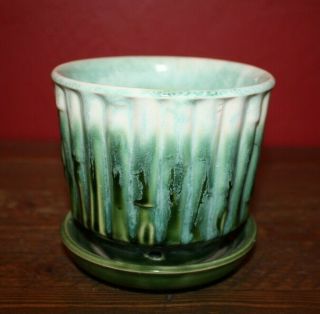Vintage Mccoy Green Bamboo Planter With Saucer 0372