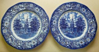 Staffordshire Liberty Blue 10 " Dinner Plate Independence Hall England Set Of 2