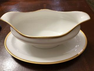 Theodore Haviland Limoges France Gold Rimmed Gravy Boat With Attached Underplate