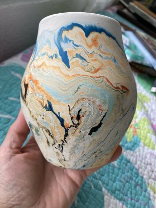 Vintage Nemadji Usa Pottery Vase 5 1/2 " H,  3” Mouth Orange Black Blue
