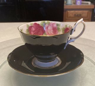 Vtg Royal Albert,  England Pink Roses On Black Cup And Saucer