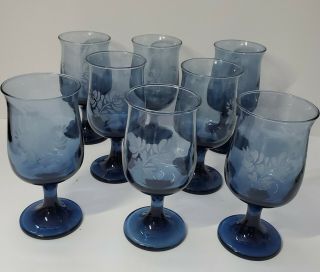 Pfaltzgraff Yorktowne Blue Etched Wine Glasses Goblets Set Of (8) Eight 5 1/2 "