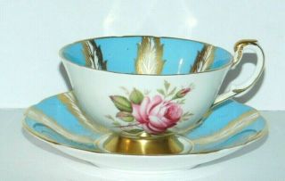 Paragon Bone China Tea Cup & Saucer Cabbage Rose Blue Gold Leaf Feather Crack