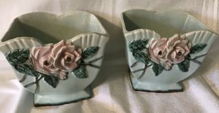 Vintage Mccoy Pottery Planter/vase Blossom Time Pair Teal With Roses