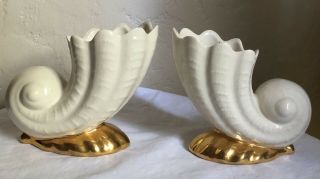 Pair - Vintage Ivory & Gold Hand Painted Conch Shell Planter Vase Art Pottery