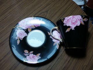 Black Aynsley Teacup And Saucer With Pink Roses