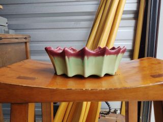 Vintage Mccoy Art Pottery Planter Oval Light Green With Burgundy Top And Spikes